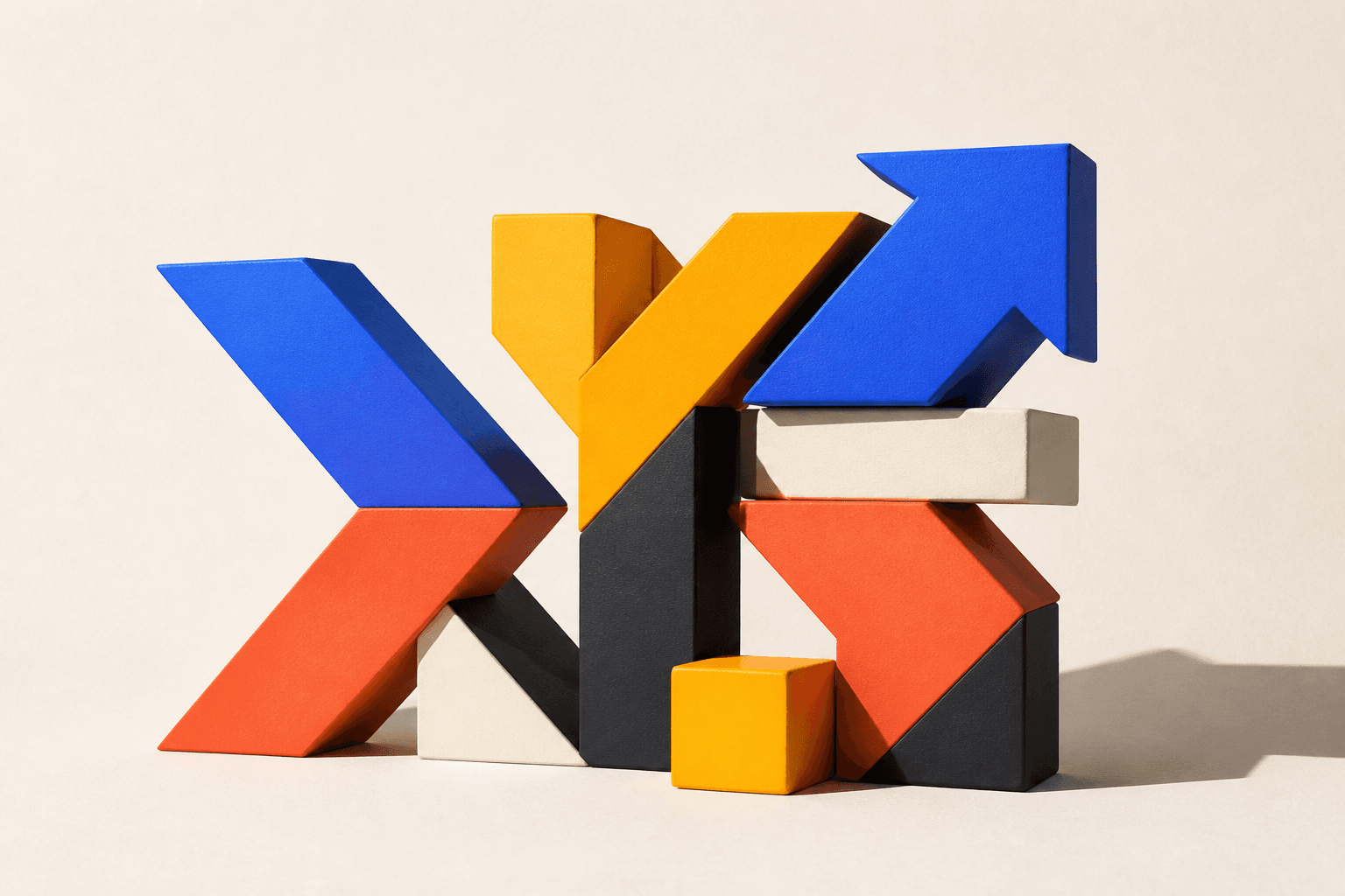 Chunky blue, coral, amber, and ink block forms arranged as outbound arrows