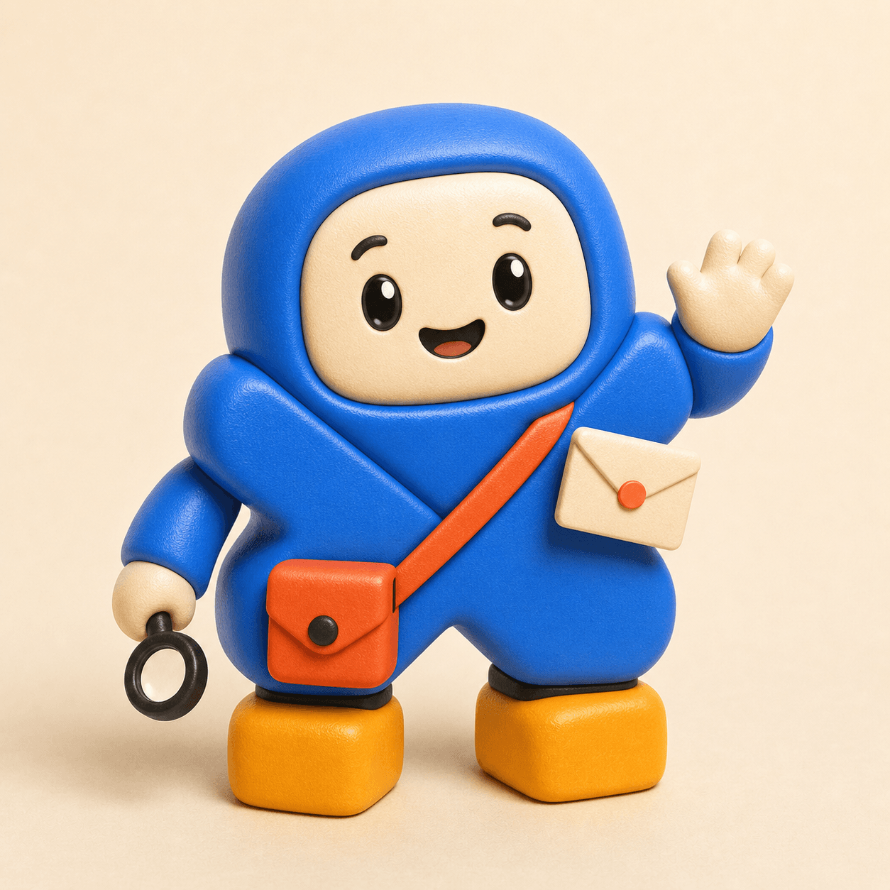Friendly OutboundXYZ mascot waving with an envelope